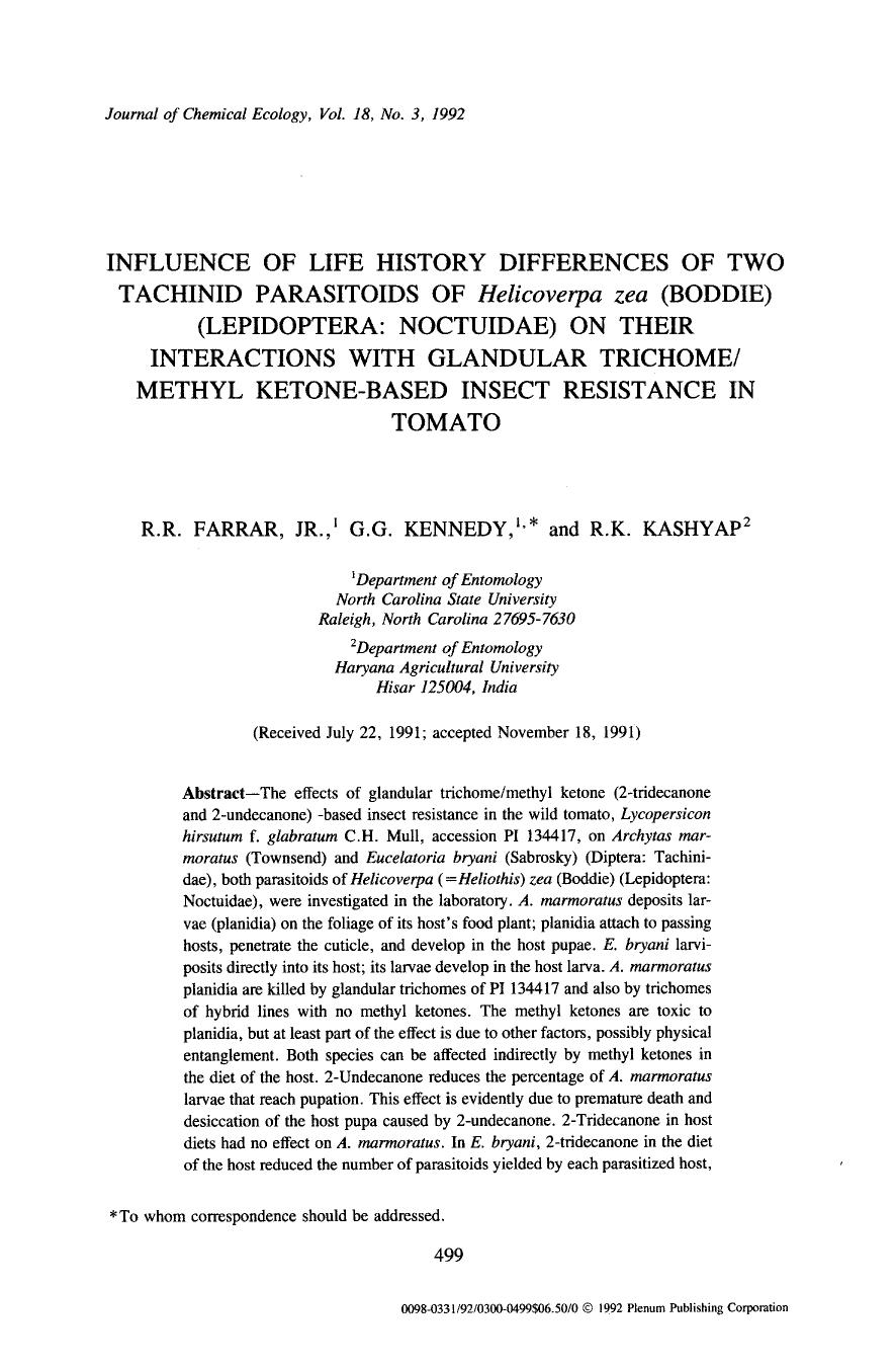 Influence of life history differences of two tachinid parasitoids of <Emphasis Type="Italic">Helicoverpa zea <Emphasis> (Boddie) (Lepidoptera: Noctuidae) on their interactions with by Unknown