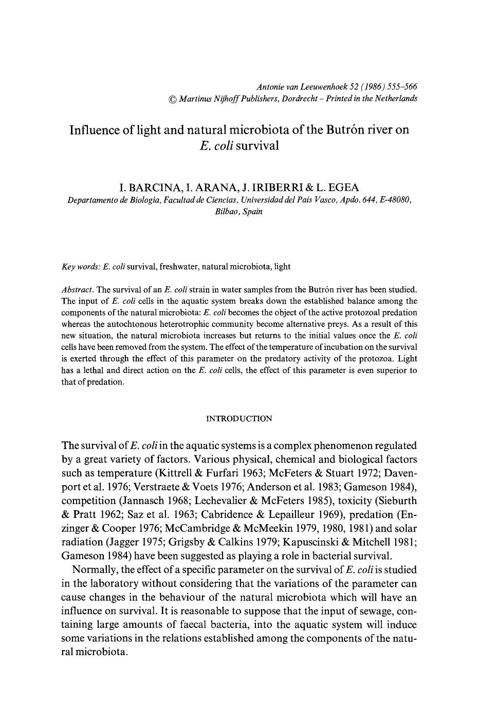 Influence of light and natural microbiota of the Butr&#x00F3;n river on <Emphasis Type="Italic">E. coli<Emphasis> survival by Unknown