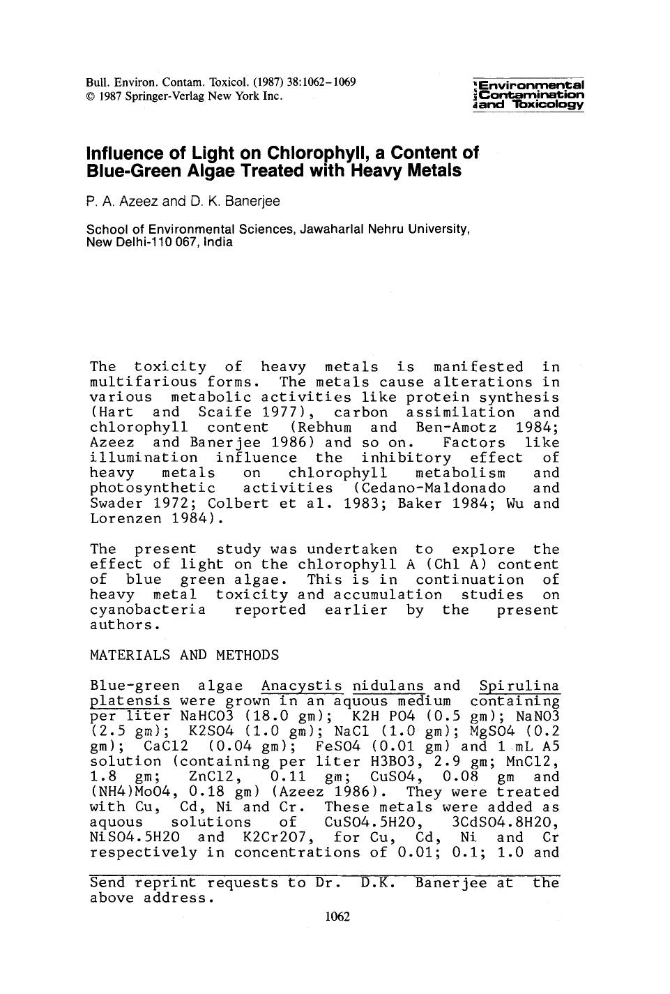 Influence of light on chlorophyll, a content of blue-green algae treated with heavy metals by Unknown