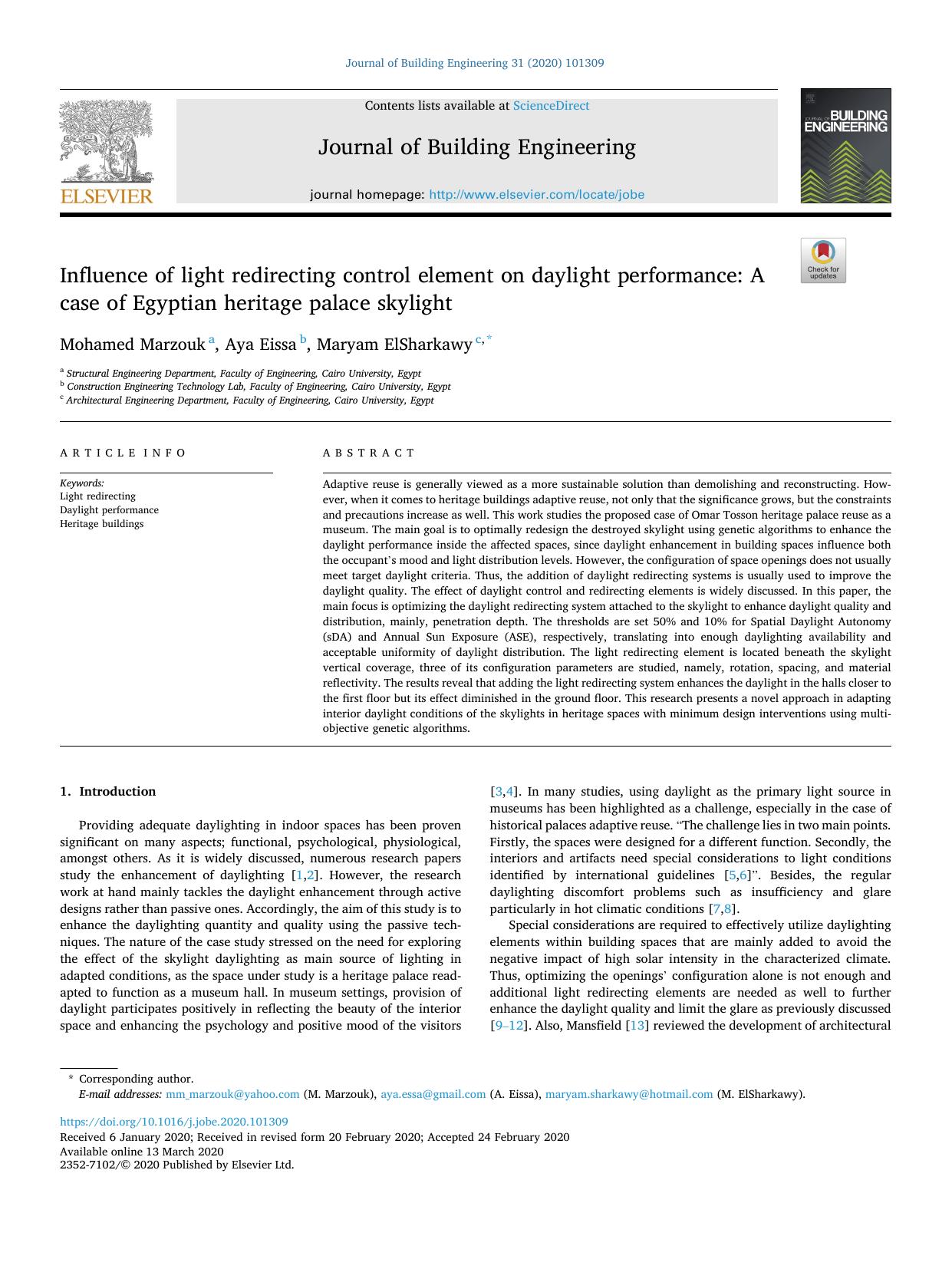 Influence of light redirecting control element on daylight performance: A case of Egyptian heritage palace skylight by Mohamed Marzouk