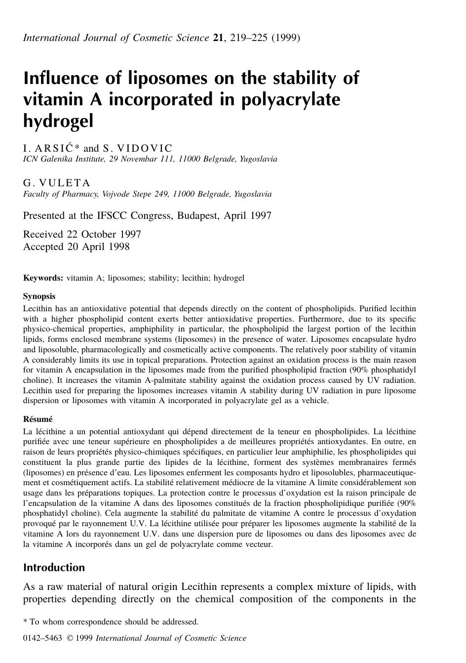 Influence of liposomes on the stability of by I . ARSI C S . VIDOVIC & VULETA