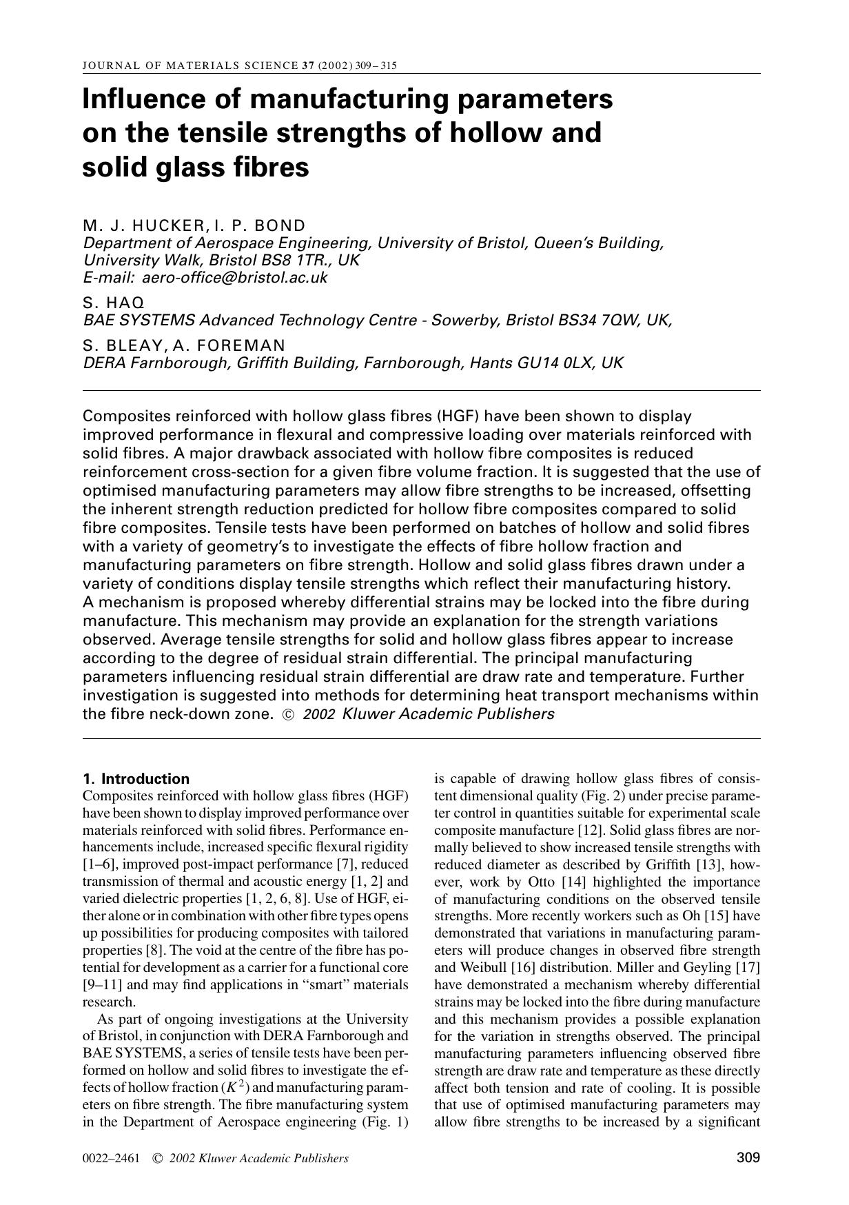 Influence of manufacturing parameters on the tensile strengths of hollow and solid glass fibres by Unknown