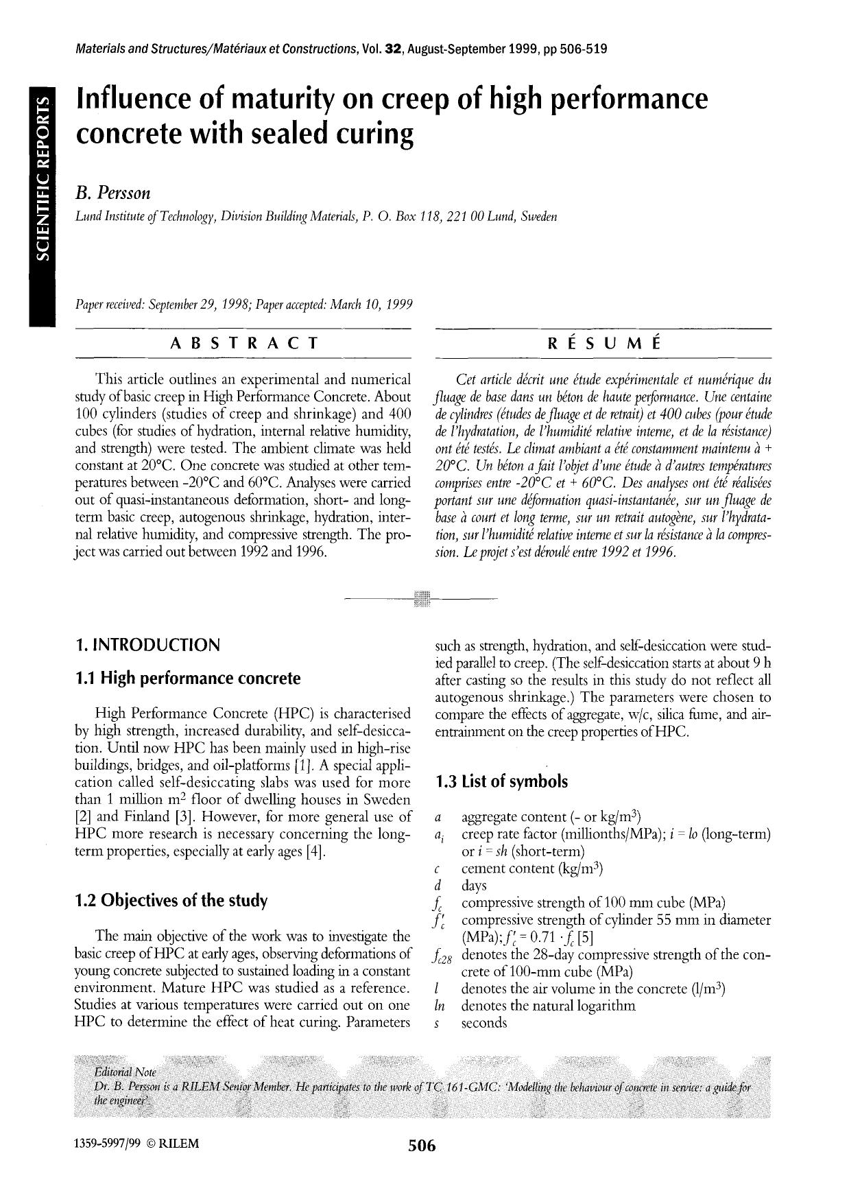 Influence of maturity on creep of high performance concrete with sealed curing by Unknown