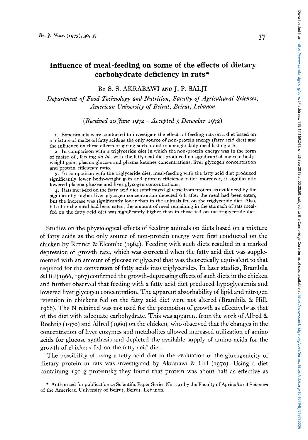 Influence of meal-feeding on some of the effects of dietary carbohydrate deficiency in rats by S. S. Akrabawi J. P. Salji