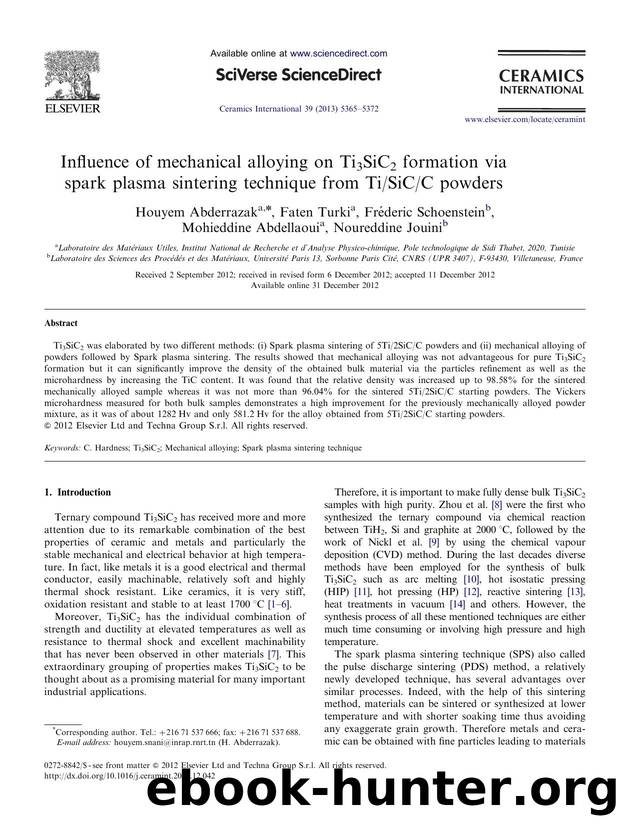 Influence of mechanical alloying on Ti3SiC2 formation via spark plasma sintering technique from TiSiCC powders by unknow