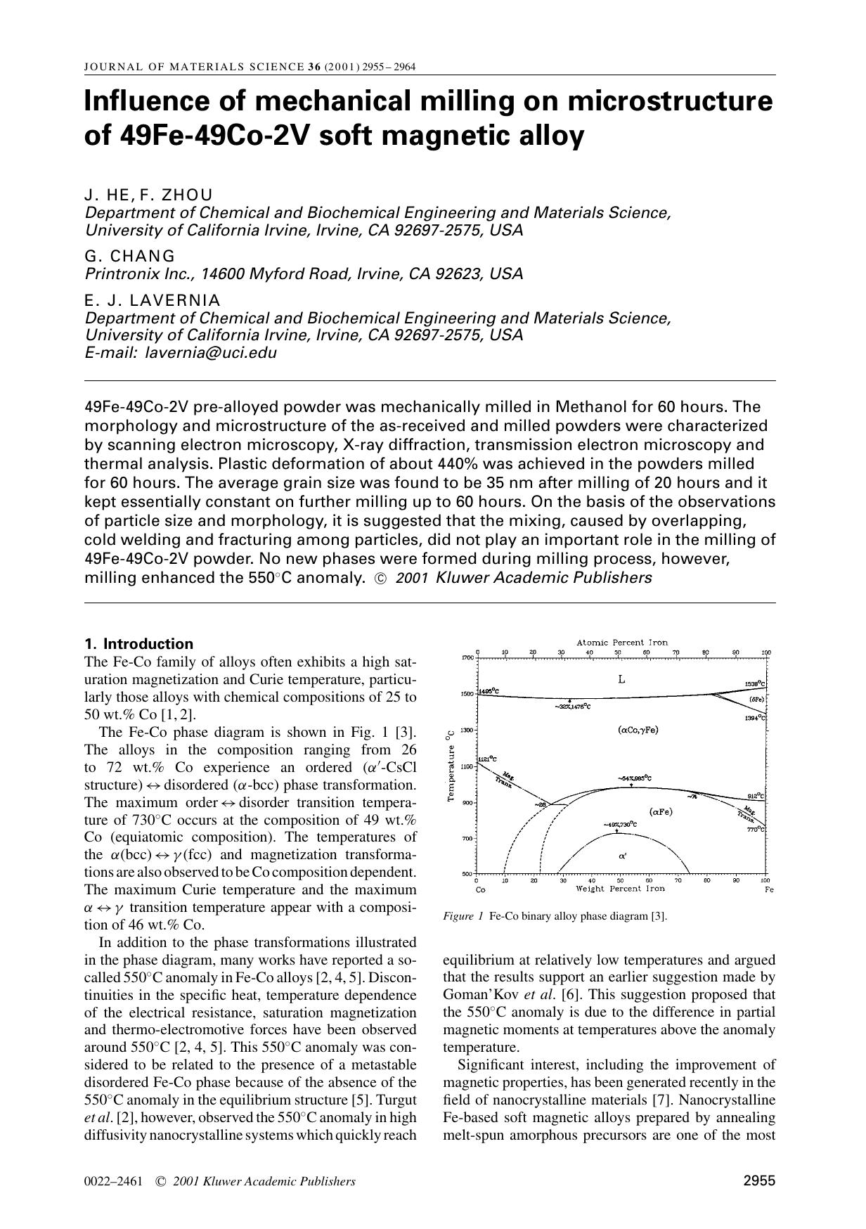 Influence of mechanical milling on microstructure of 49Fe-49Co-2V soft magnetic alloy by Unknown