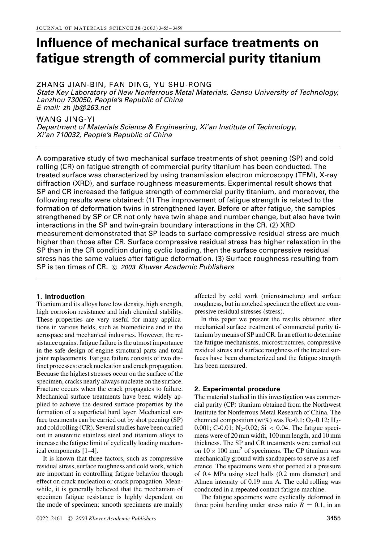 Influence of mechanical surface treatments on fatigue strength of commercial purity titanium by Unknown