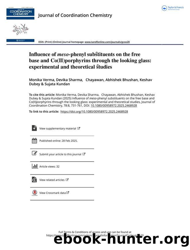 Influence of meso-phenyl substituents on the free base and Co(II)porphyrins through the looking glass: experimental and theoretical studies by Verma Monika & Sharma Devika & Chayawan   & Bhushan Abhishek & Dubey Keshav & Kundan Sujata
