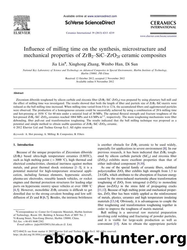 Influence of milling time on the synthesis, microstructure and mechanical properties of ZrB2î¸SiCî¸ZrO2f ceramic composites by Jia Lin & Xinghong Zhang & Wenbo Han & Di Sun