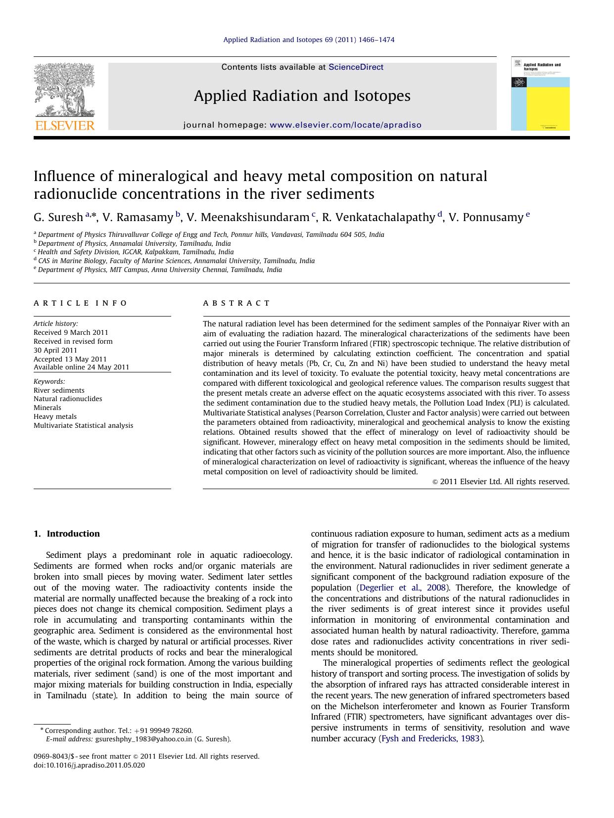 Influence of mineralogical and heavy metal composition on natural radionuclide concentrations in the river sediments by G. Suresh & V. Ramasamy & V. Meenakshisundaram & R. Venkatachalapathy & V. Ponnusamy