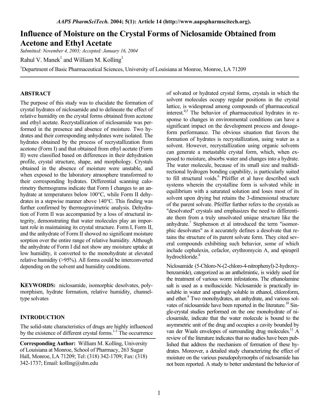 Influence of moisture on the crystal forms of niclosamide obtained from acetone and ethyl acetate by Unknown