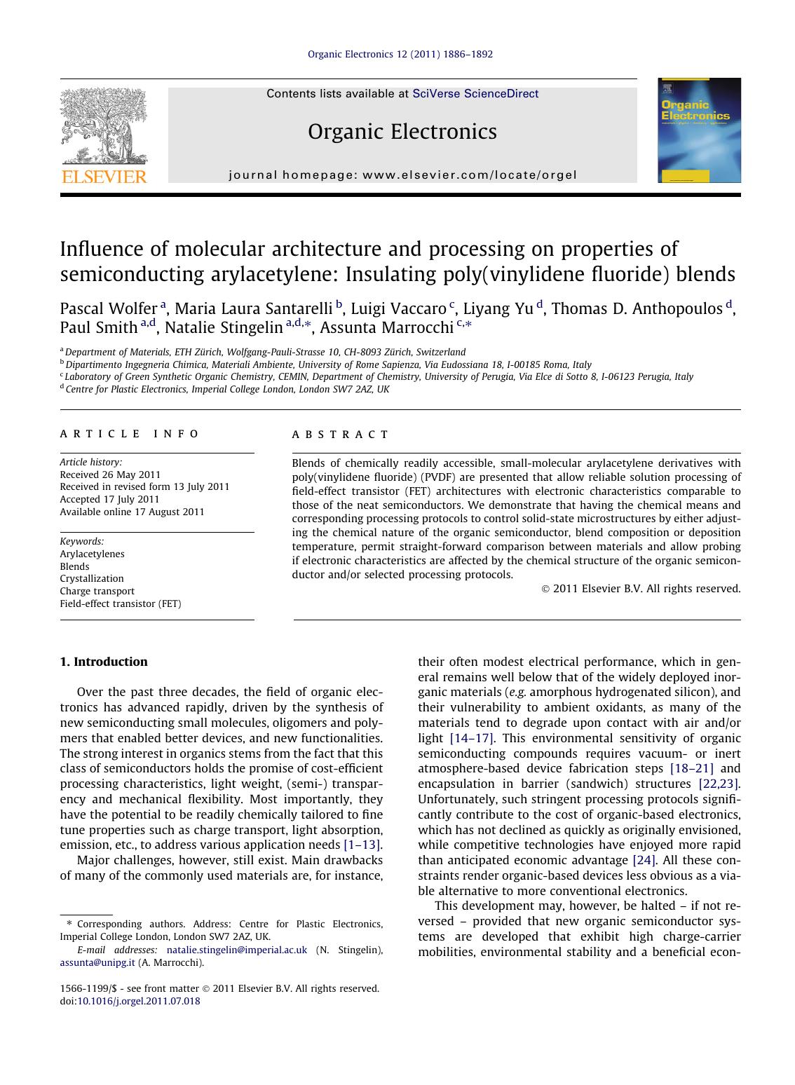 Influence of molecular architecture and processing on properties of semiconducting arylacetylene: Insulating poly(vinylidene fluoride) blends by unknow