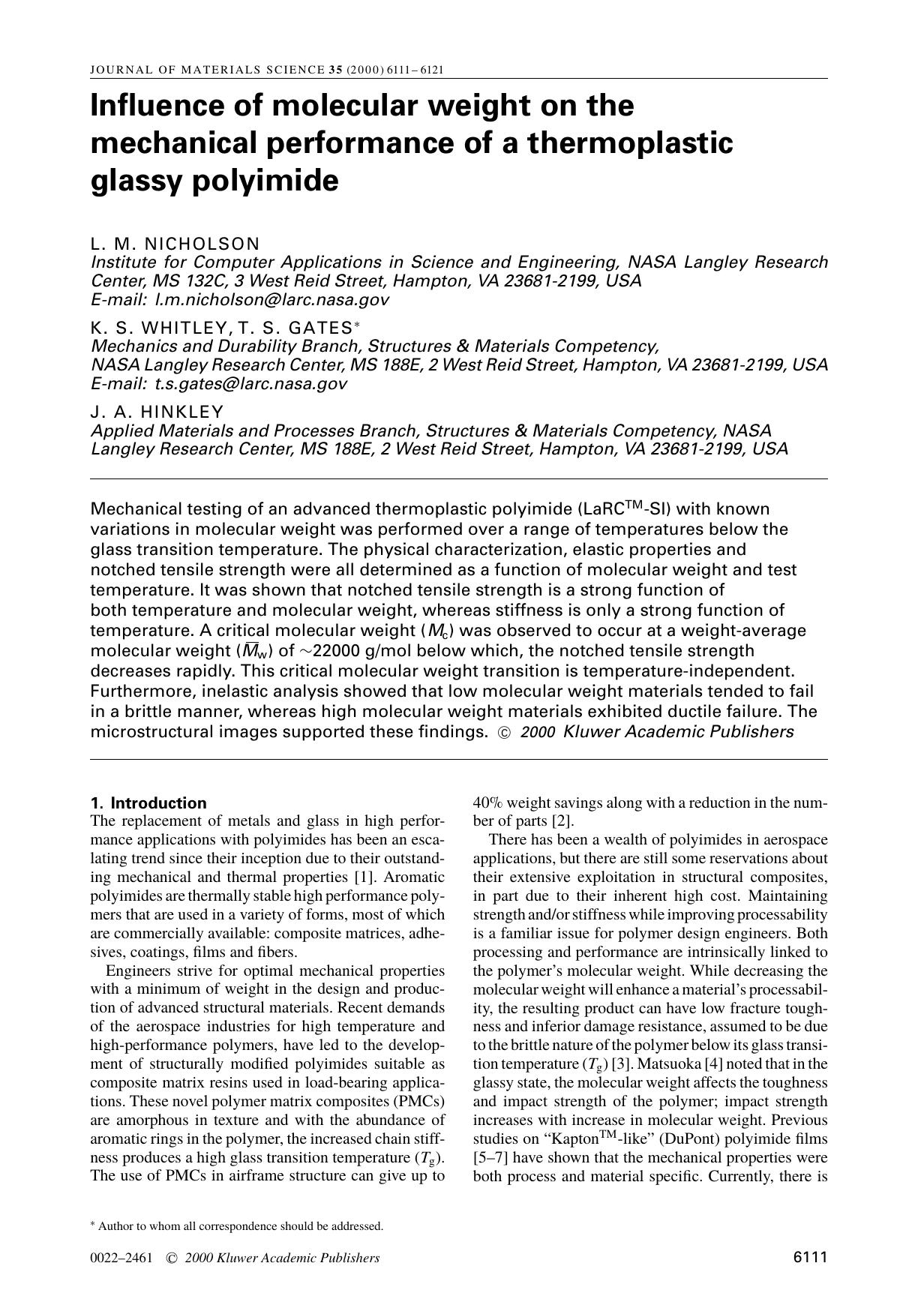 Influence of molecular weight on the mechanical performance of a thermoplastic glassy polyimide by Unknown