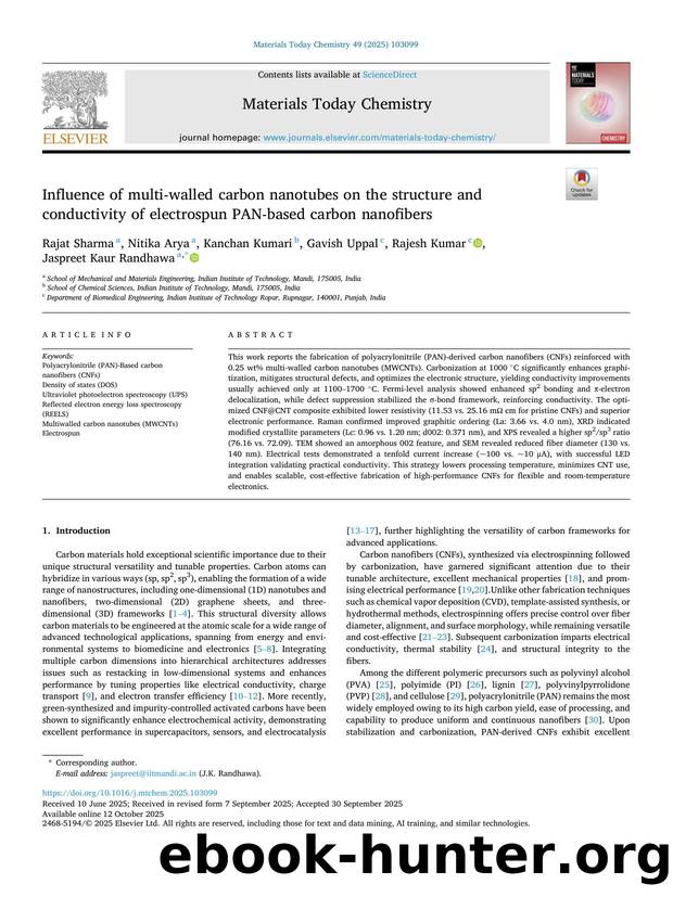 Influence of multi-walled carbon nanotubes on the structure and conductivity of electrospun PAN-based carbon nanofibers by Rajat Sharma & Nitika Arya & Kanchan Kumari & Gavish Uppal & Rajesh Kumar & Jaspreet Kaur Randhawa