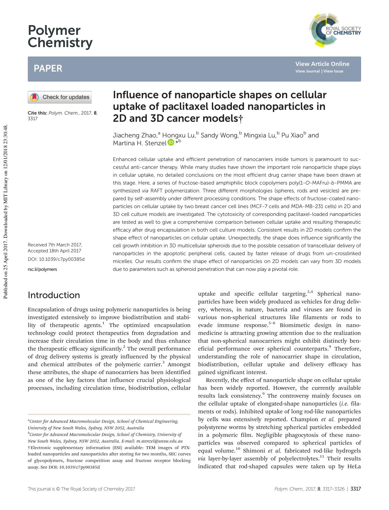 Influence of nanoparticle shapes on cellular uptake of paclitaxel loaded nanoparticles in 2D and 3D cancer models by Jiacheng Zhao Hongxu Lu Sandy Wong Mingxia Lu Pu Xiao Martina H. Stenzel
