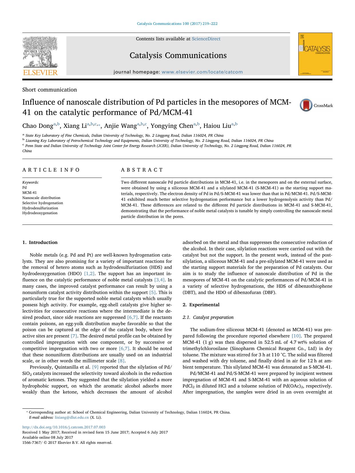 Influence of nanoscale distribution of Pd particles in the mesopores of MCM-41 on the catalytic performance of PdMCM-41 by Chao Dong & Xiang Li & Anjie Wang & Yongying Chen & Haiou Liu
