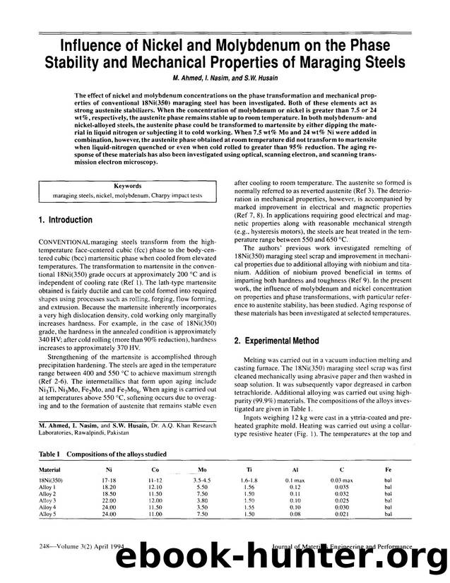 Influence of nickel and molybdenum on the phase stability and mechanical properties of maraging steels by Unknown