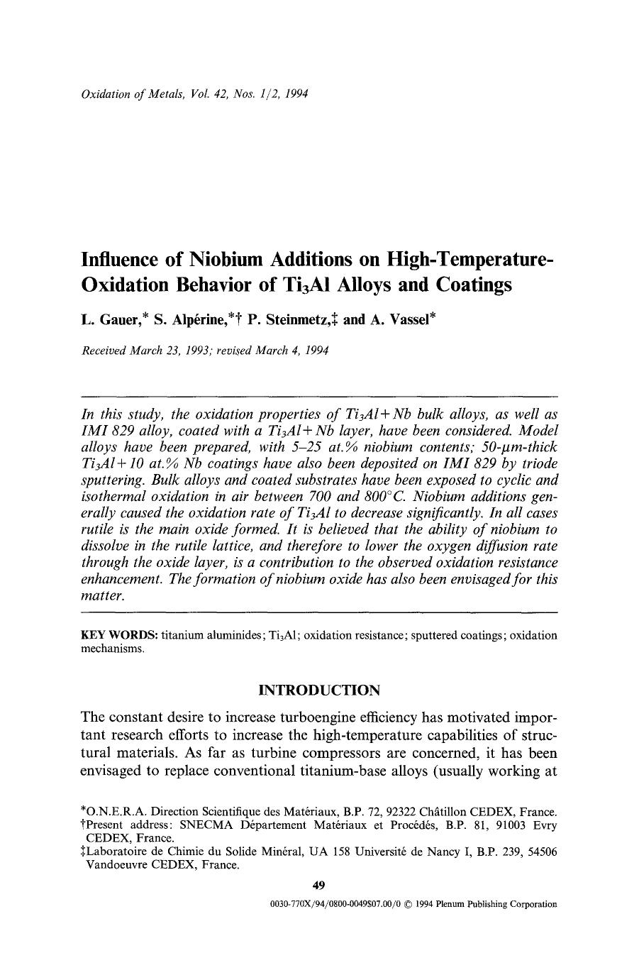 Influence of niobium additions on high-temperature-oxidation behavior of Ti <Subscript>3 <Subscript>Al alloys and coatings by Unknown