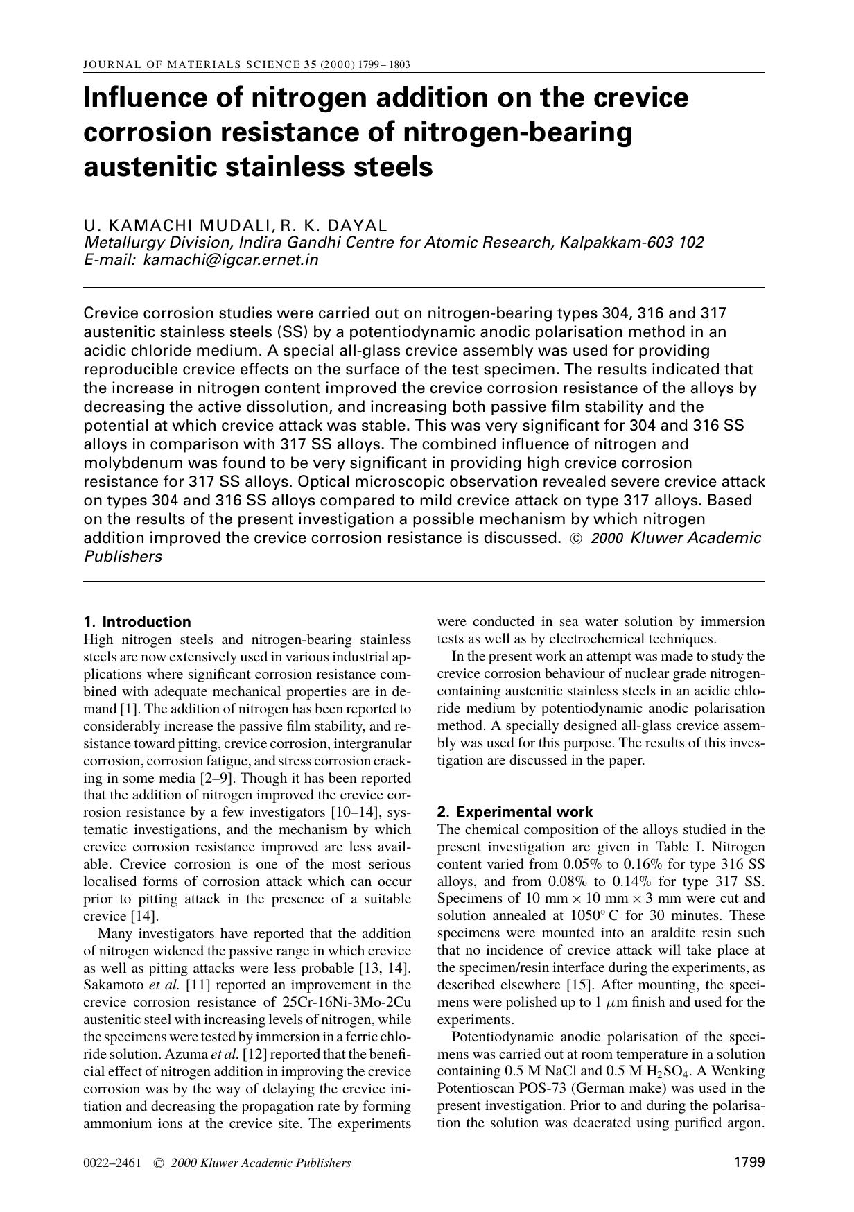 Influence of nitrogen addition on the crevice corrosion resistance of nitrogen-bearing austenitic stainless steels by Unknown