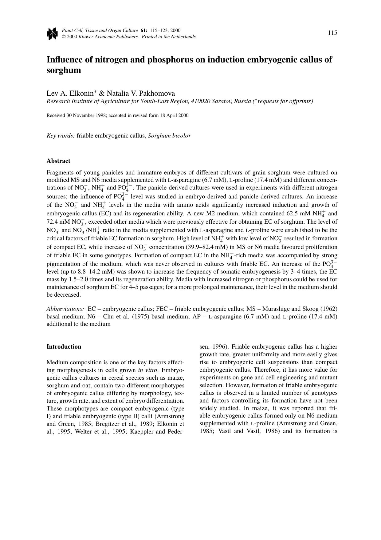 Influence of nitrogen and phosphorus on induction embryogenic callus of sorghum by Unknown