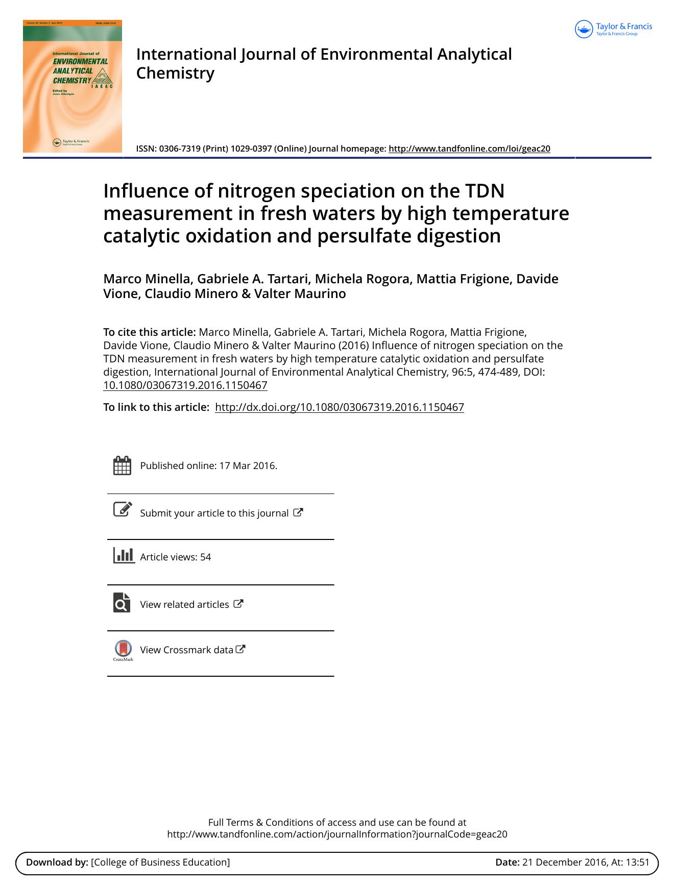Influence of nitrogen speciation on the TDN measurement in fresh waters by high temperature catalytic oxidation and persulfate digestion by unknow