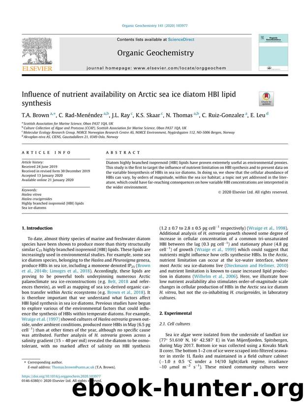 Influence of nutrient availability on Arctic sea ice diatom HBI lipid synthesis by T.A. Brown & C. Rad-Menéndez & J.L. Ray & K.S. Skaar & N. Thomas & C. Ruiz-Gonzalez & E. Leu