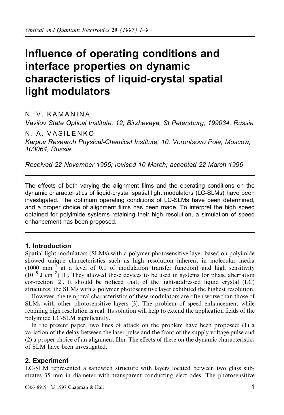 Influence of operating conditions and interface properties on dynamic characteristics of liquid-crystal spatial light modulators by Unknown