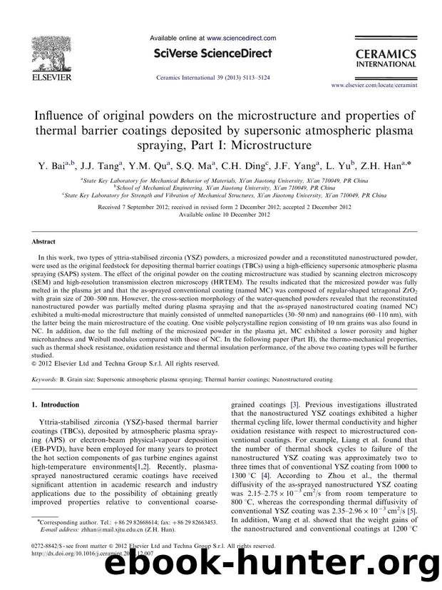 Influence of original powders on the microstructure and properties of thermal barrier coatings deposited by supersonic atmospheric plasma spraying, Part I Microstructure by Y. Bai & J.J. Tang & Y.M. Qu & S.Q. Ma & C.H. Ding & J.F. Yang & L. Yu & Z.H. Han