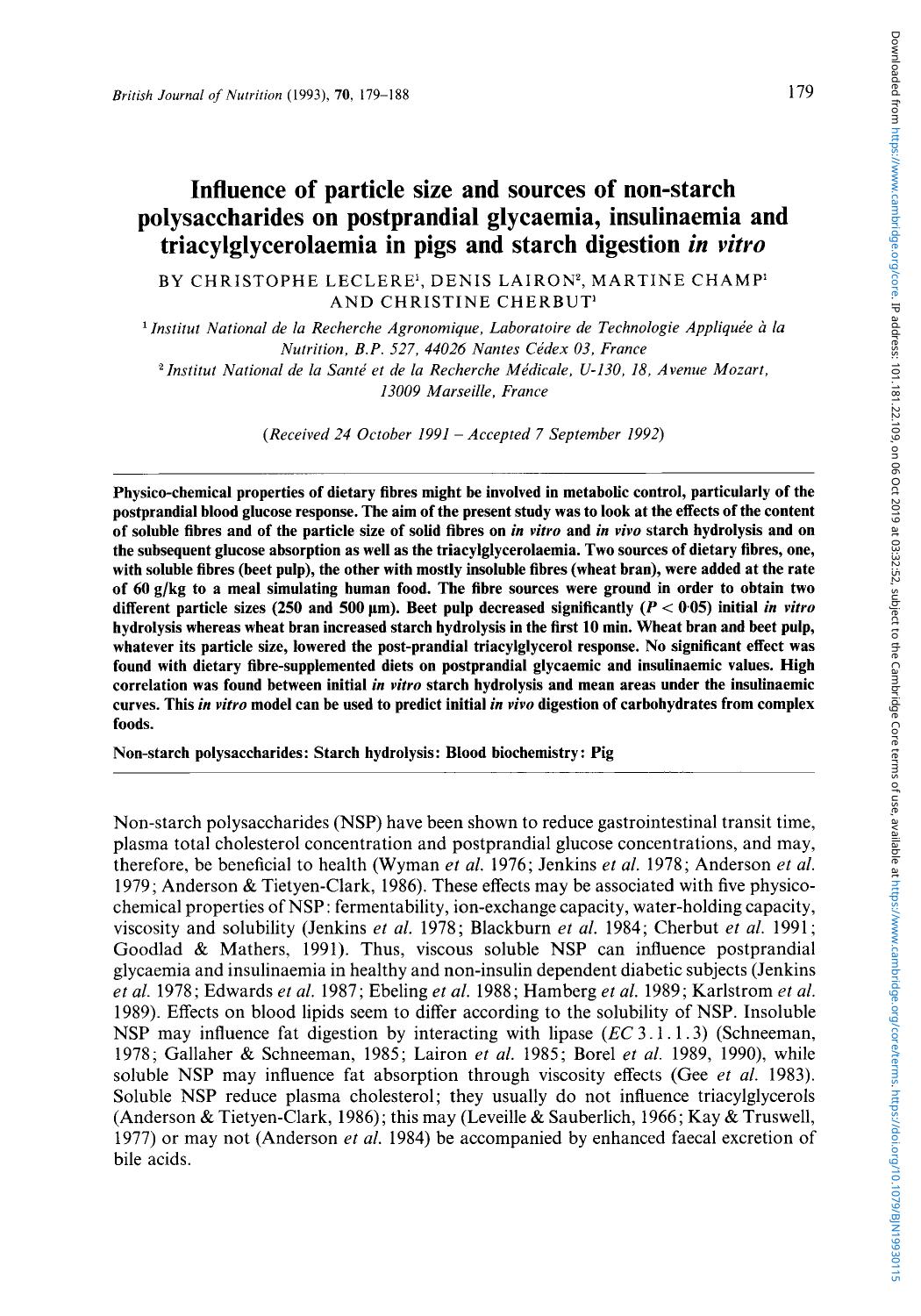 Influence of particle size and sources of non-starch polysaccharides on postprandial glycaemia, insulinaemia and triacylglycerolaemia in pigs and starch digestion in vitro by Christophe Leclere Denis Lairon Martine Champ & Christine Cherbut
