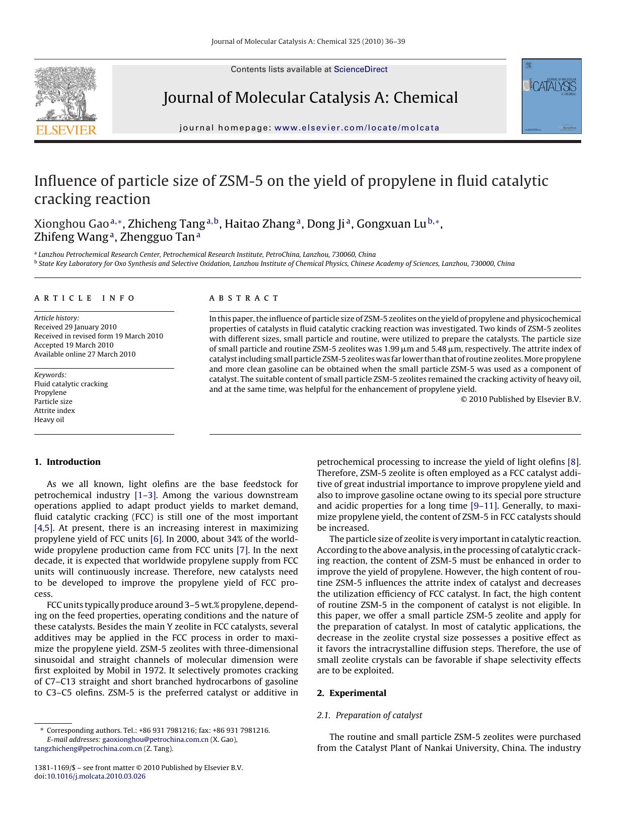 Influence of particle size of ZSM-5 on the yield of propylene in fluid catalytic cracking reaction by Xionghou Gao; Zhicheng Tang; Haitao Zhang; Dong Ji; Gongxuan Lu; Zhifeng Wang; Zhengguo Tan