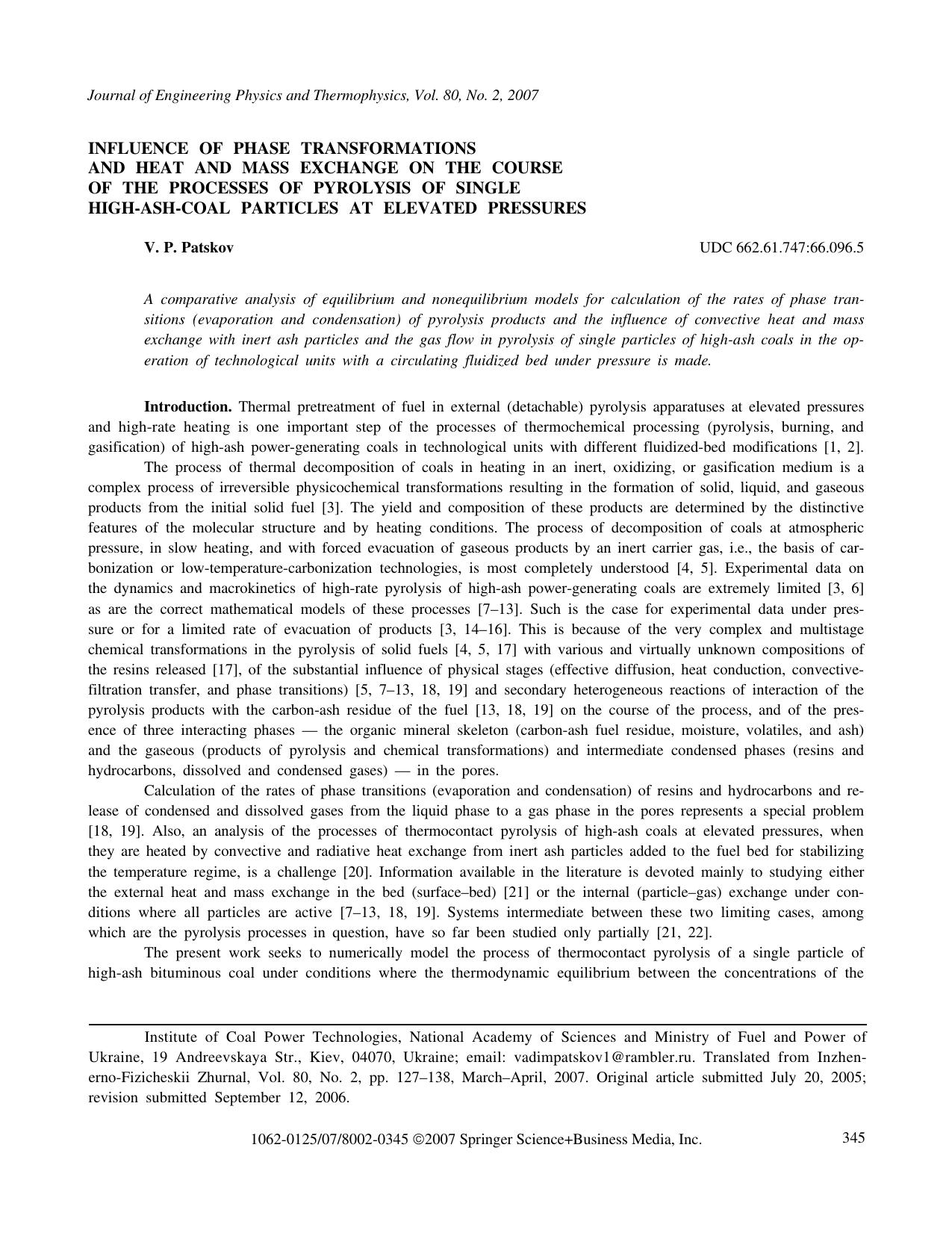 Influence of phase transformations and heat and mass exchange on the course of the processes of pyrolysis of single high-ash-coal particles at elevated pressures by Unknown