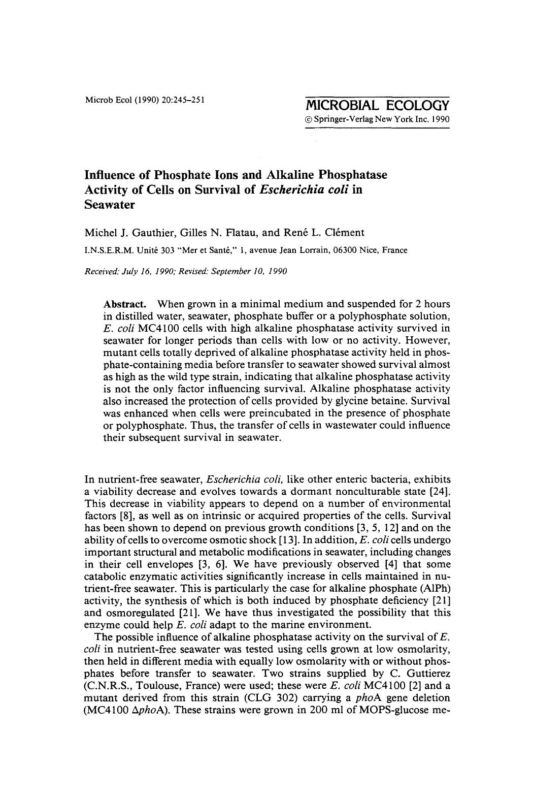 Influence of phosphate ions and alkaline phosphatase activity of cells on survival of <Emphasis Type="Italic">Escherichia coli <Emphasis> in seawater by Unknown