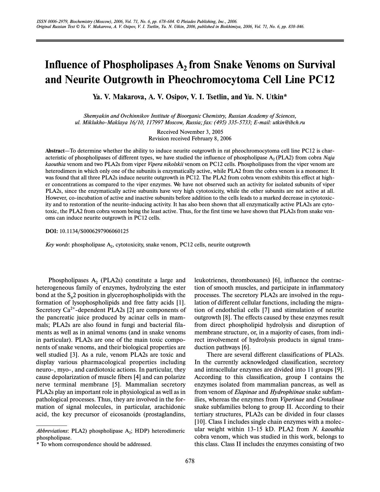 Influence of phospholipases A<Subscript>2<Subscript> from snake venoms on survival and neurite outgrowth in pheochromocytoma cell line PC12 by Unknown
