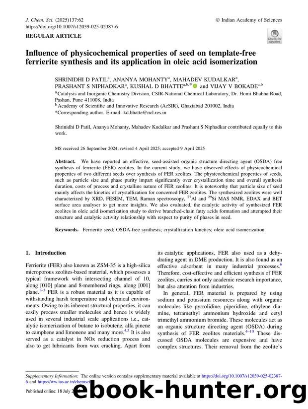 Influence of physicochemical properties of seed on template-free ferrierite synthesis and its application in oleic acid isomerization by unknow