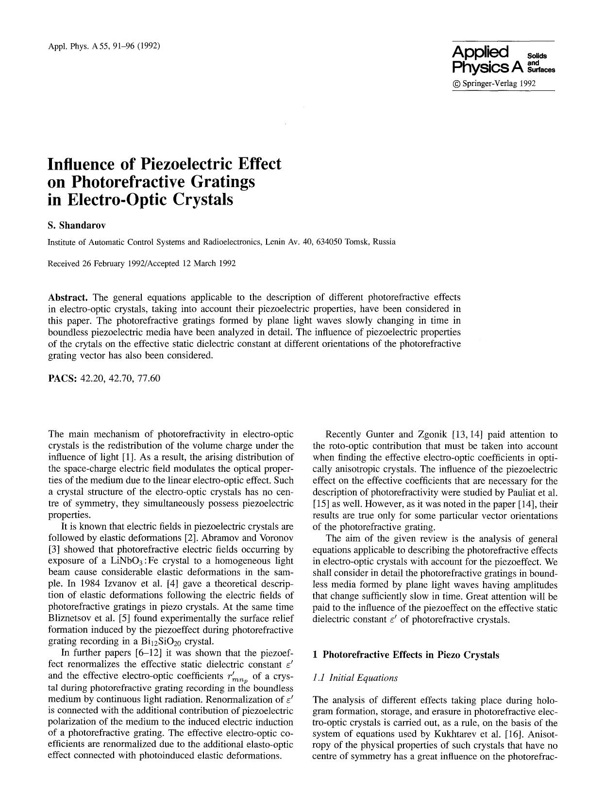 Influence of piezoelectric effect on photorefractive gratings in electro-optic crystals by Unknown
