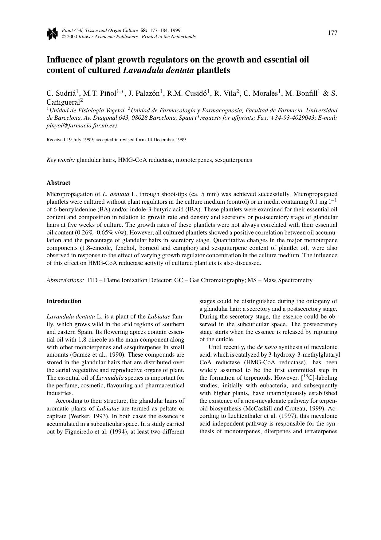 Influence of plant growth regulators on the growth and essential oil content of cultured Lavandula dentata plantlets by Unknown
