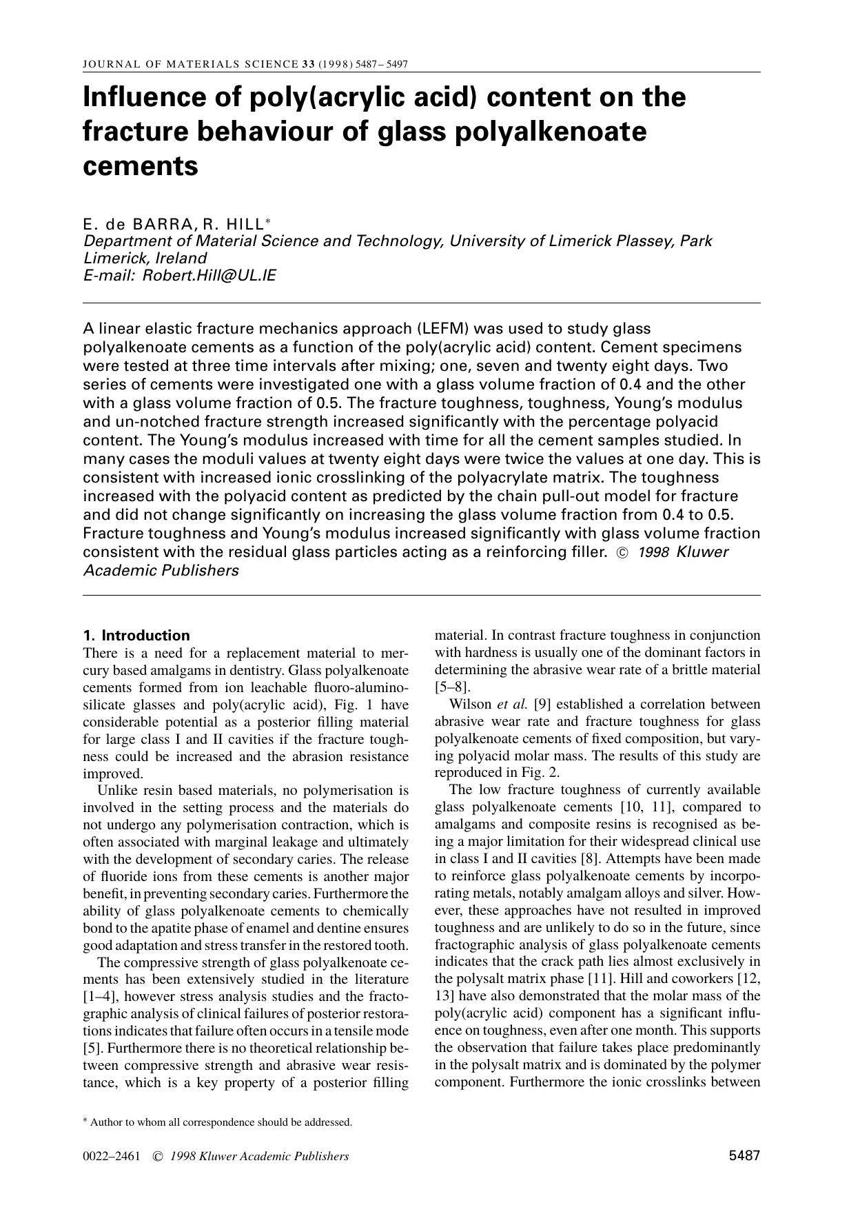 Influence of poly(acrylic acid) content on the fracture behaviour of glass polyalkenoate cements by Unknown