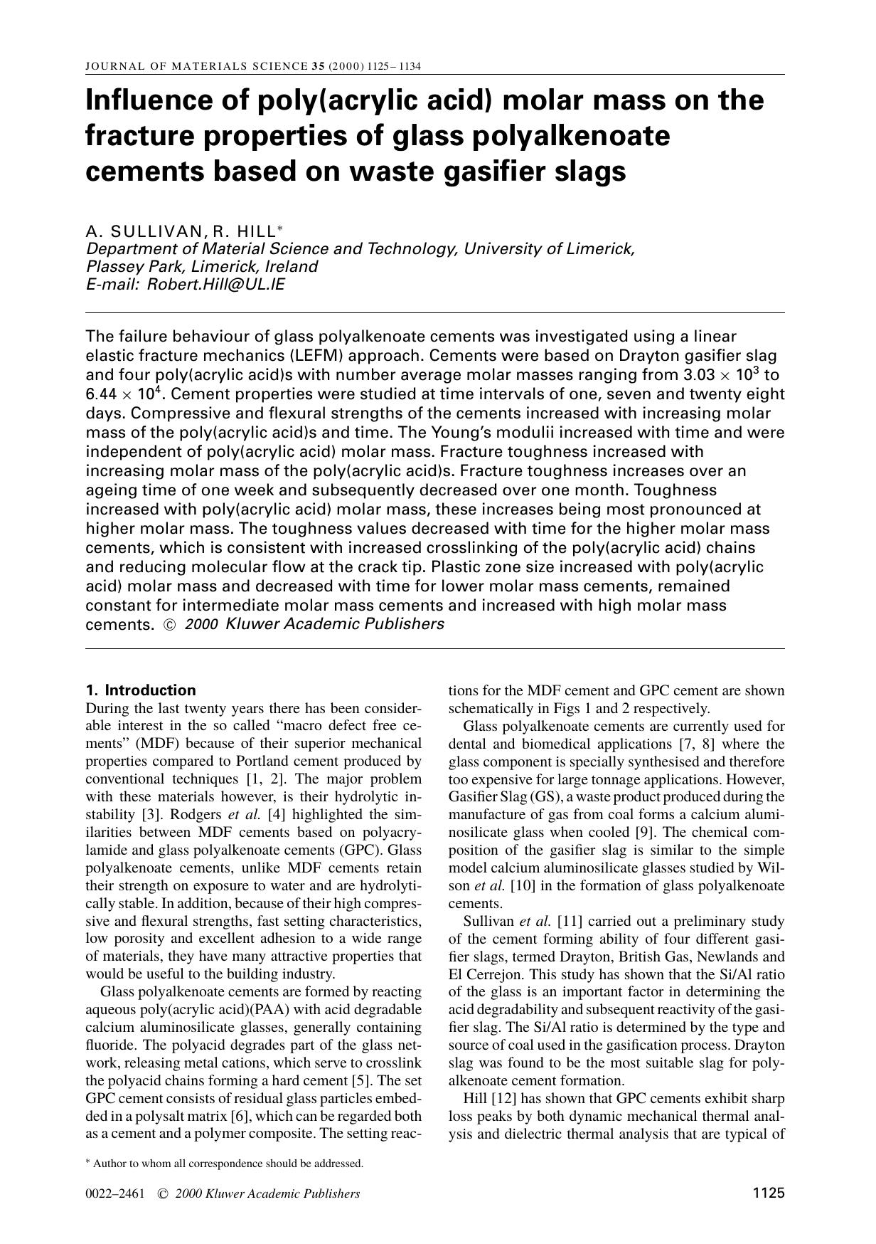 Influence of poly(acrylic acid) molar mass on the fracture properties of glass polyalkenoate cements based on waste gasifier slags by Unknown