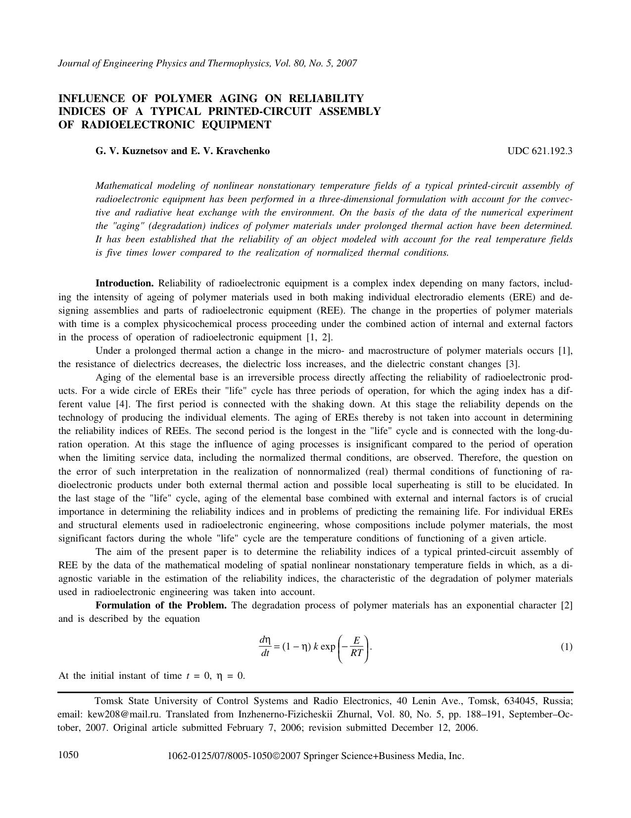 Influence of polymer aging on reliability indices of a typical printed-circuit assembly of radioelectronic equipment by Unknown
