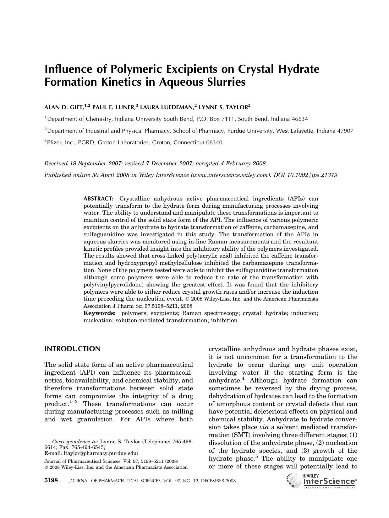Influence of polymeric excipients on crystal hydrate formation kinetics in aqueous slurries by Unknown