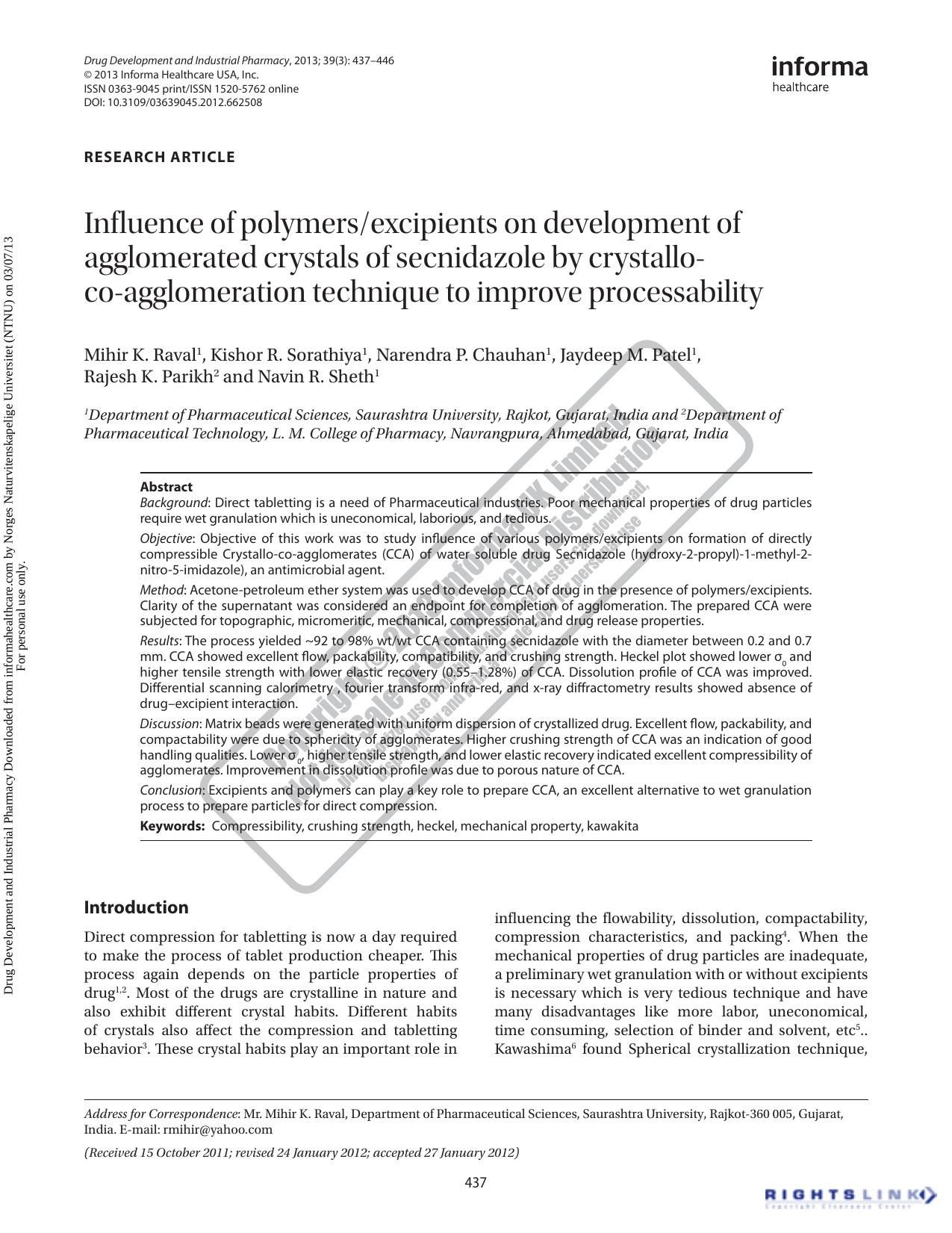Influence of polymersexcipients on development of agglomerated crystals of secnidazole by crystallo-co-agglomeration technique to improve processability by unknow