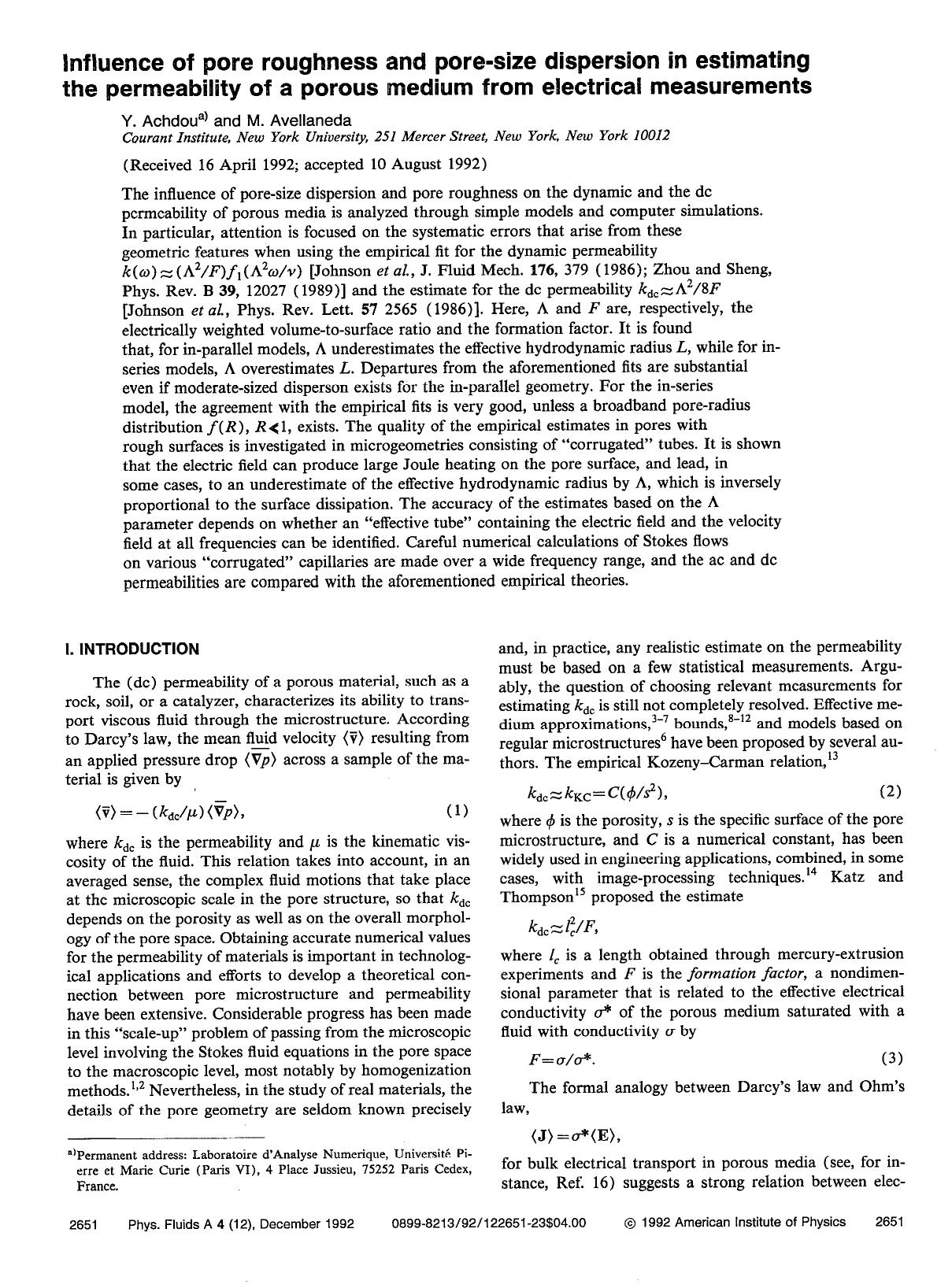 Influence of pore roughness and pore-size dispersion in estimating the permeability of a porous medium from electrical measurements by Y. Achdou; M. Avellaneda