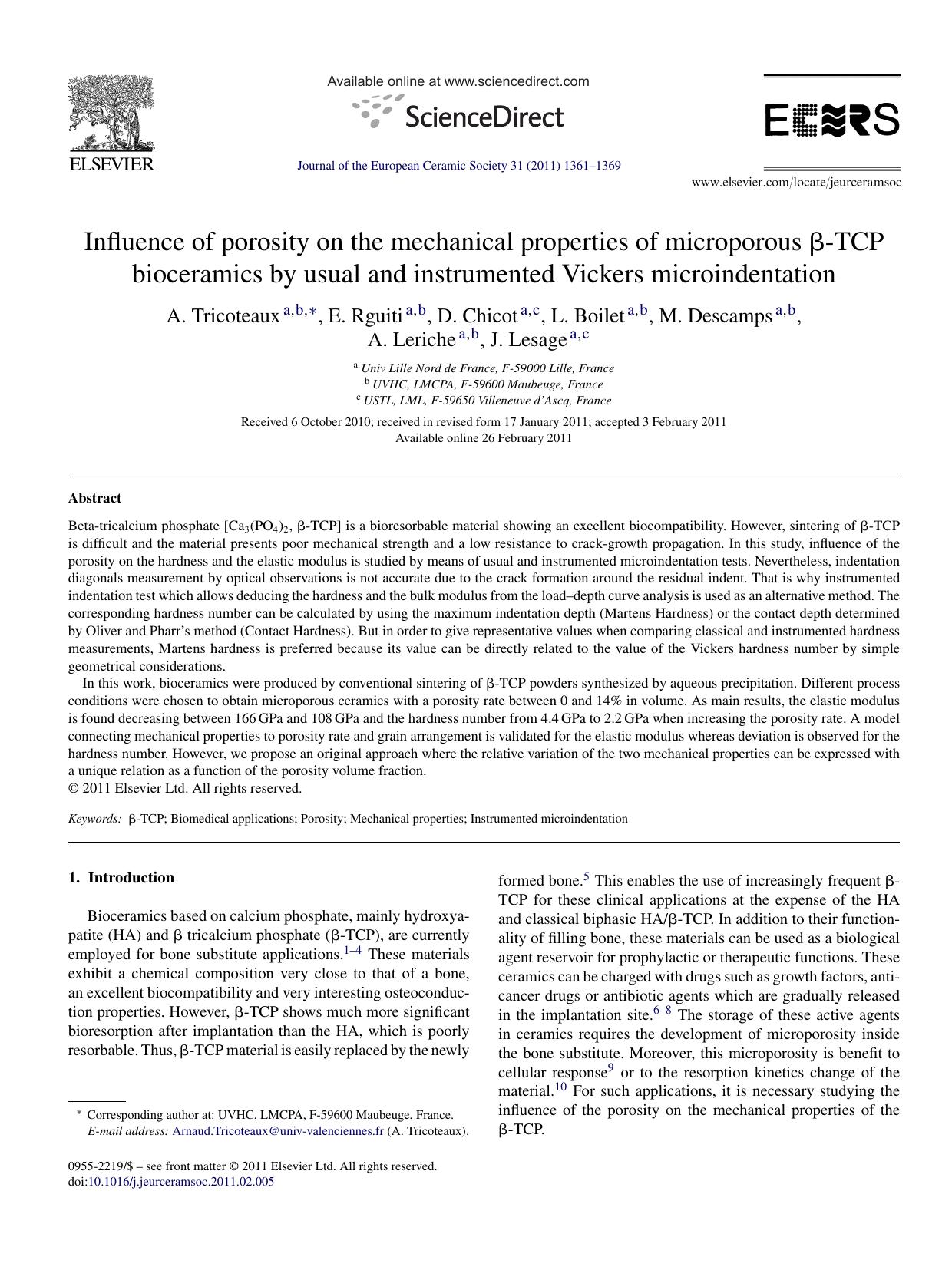 Influence of porosity on the mechanical properties of microporous ÃÂ²-TCP bioceramics by usual and instrumented Vickers microindentation by A. Tricoteaux
