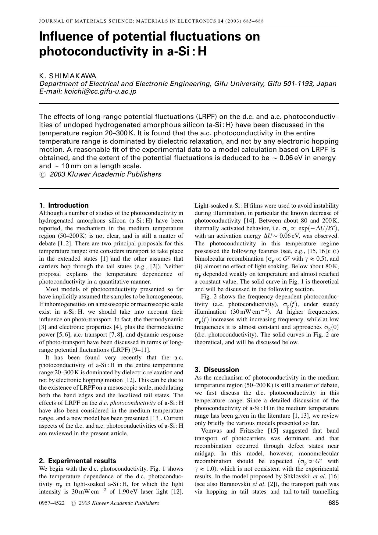 Influence of potential fluctuations on photoconductivity in a-Si : H by Unknown