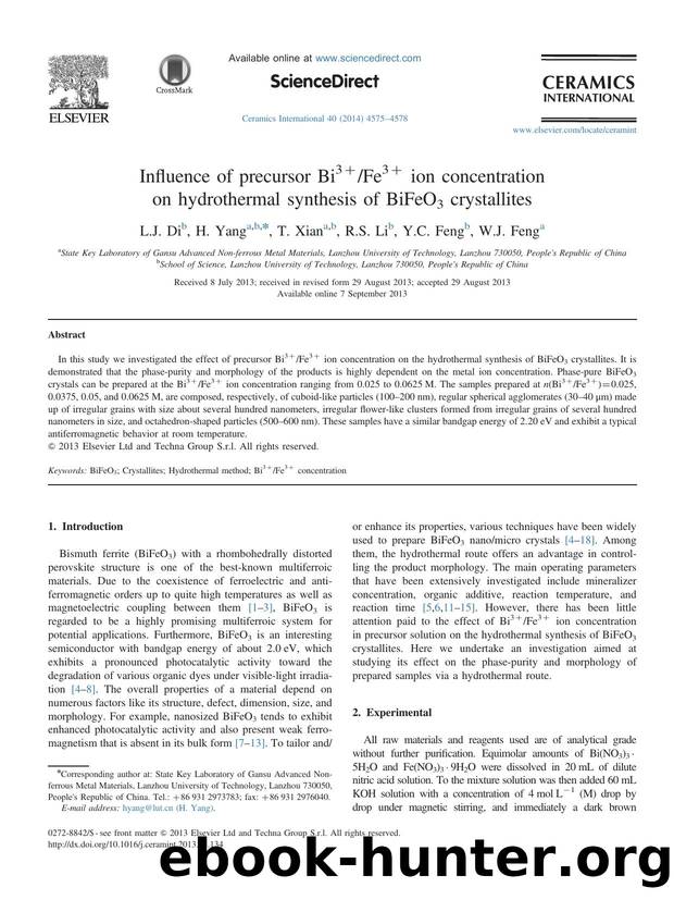 Influence of precursor Bi3+Fe3+ ion concentration on hydrothermal synthesis of BiFeO3 crystallites by L.J. Di & H. Yang & T. Xian & R.S. Li & Y.C. Feng & W.J. Feng