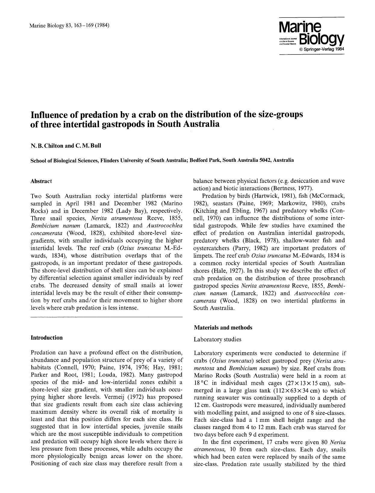 Influence of predation by a crab on the distribution of the size-groups of three intertidal gastropods in South Australia by Unknown