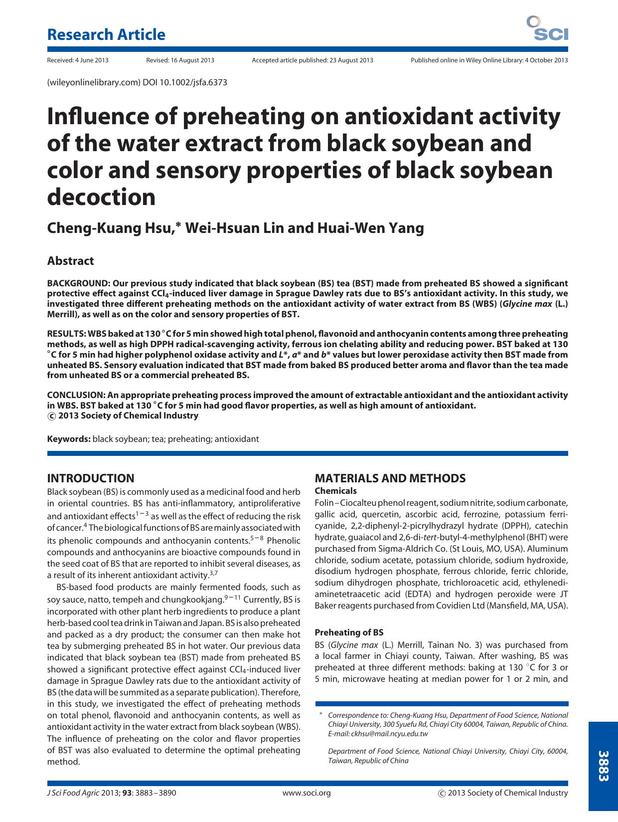Influence of preheating on antioxidant activity of the water extract from black soybean and color and sensory properties of black soybean decoction by Unknown
