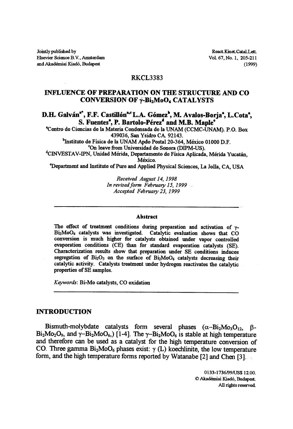 Influence of preparation on the structure and co conversion of &#x03B3;-Bi <Subscript>2 <Subscript>MoO <Subscript>6 <Subscript> catalysts by Unknown