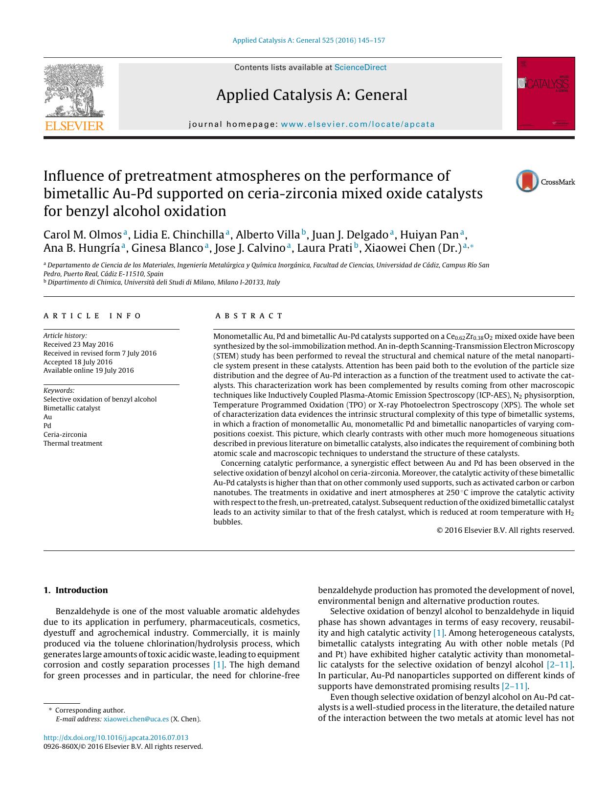 Influence of pretreatment atmospheres on the performance of bimetallic Au-Pd supported on ceria-zirconia mixed oxide catalysts for benzyl alcohol oxidation by unknow