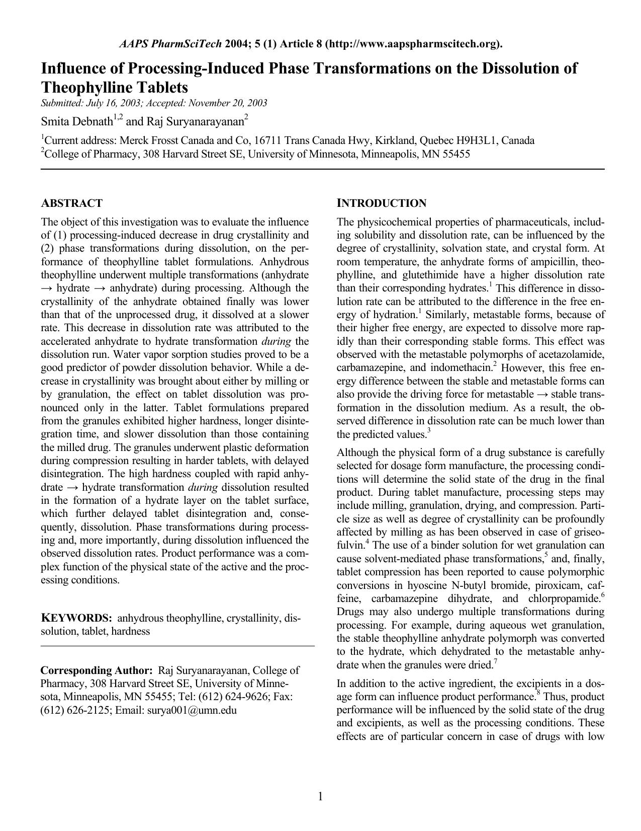 Influence of processing-induced phase transformations on the dissolution of theophylline tablets by Unknown